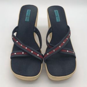 Aqua Girl denim and red wedges with diamond accents. Pre-owned.